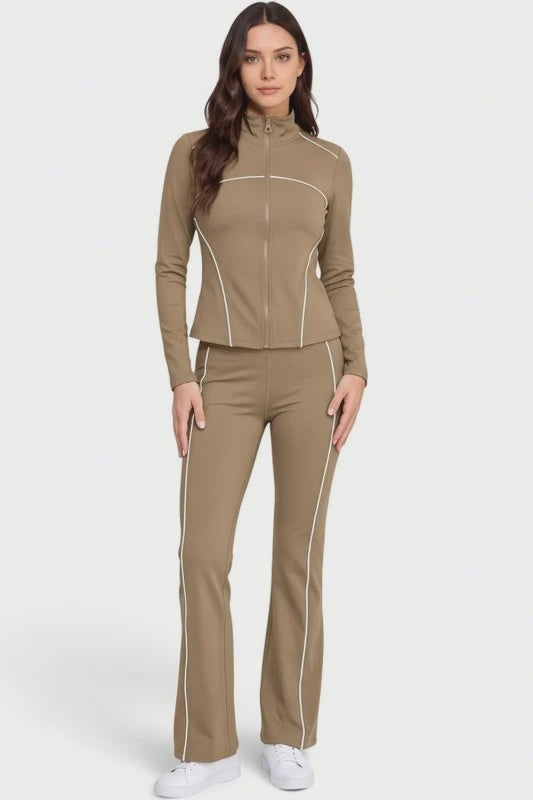 New Mix LU22MSET Zip Up Jacket Flare Pant Set Dark Earth